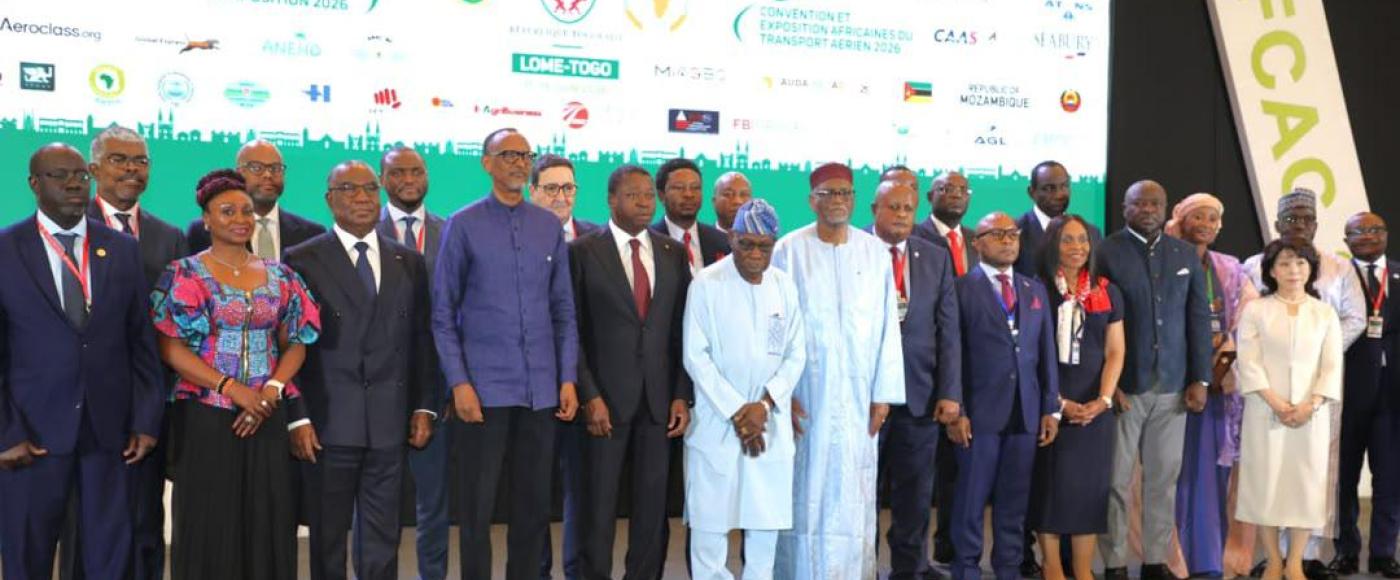 Miniter Sirleaf R. Tyler in photograph with participants at  the African Air Transport Convention & Expo 2026 in Lome, Togo